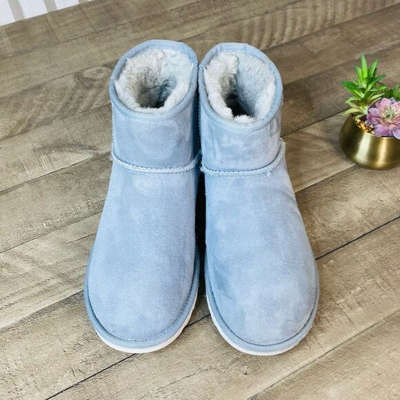 UGG Classic Mini Boot Pull On Short Light Blue Suede Sherpa Women’s Size 9 - Picture 2 of 6